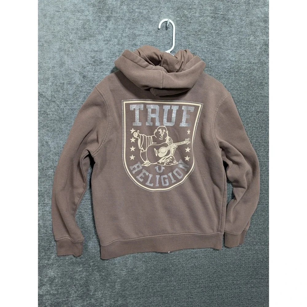 True Religion Mens Buddha Logo Zip Up Hoodie Brown Graphic Sweatshirt Size L